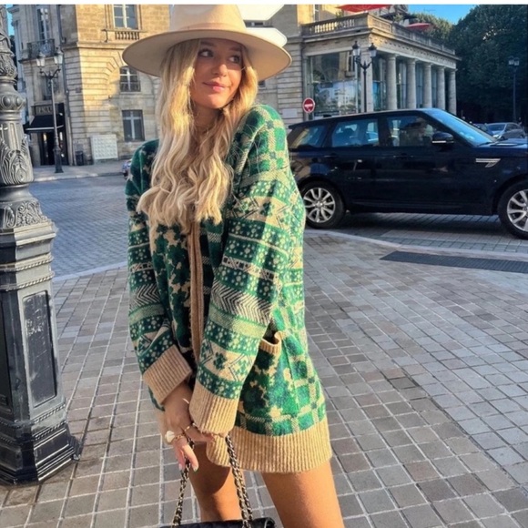 ZARA Courtyard Green Patchwork Green Tan Oversized Cardigan Small - Picture 6 of 15